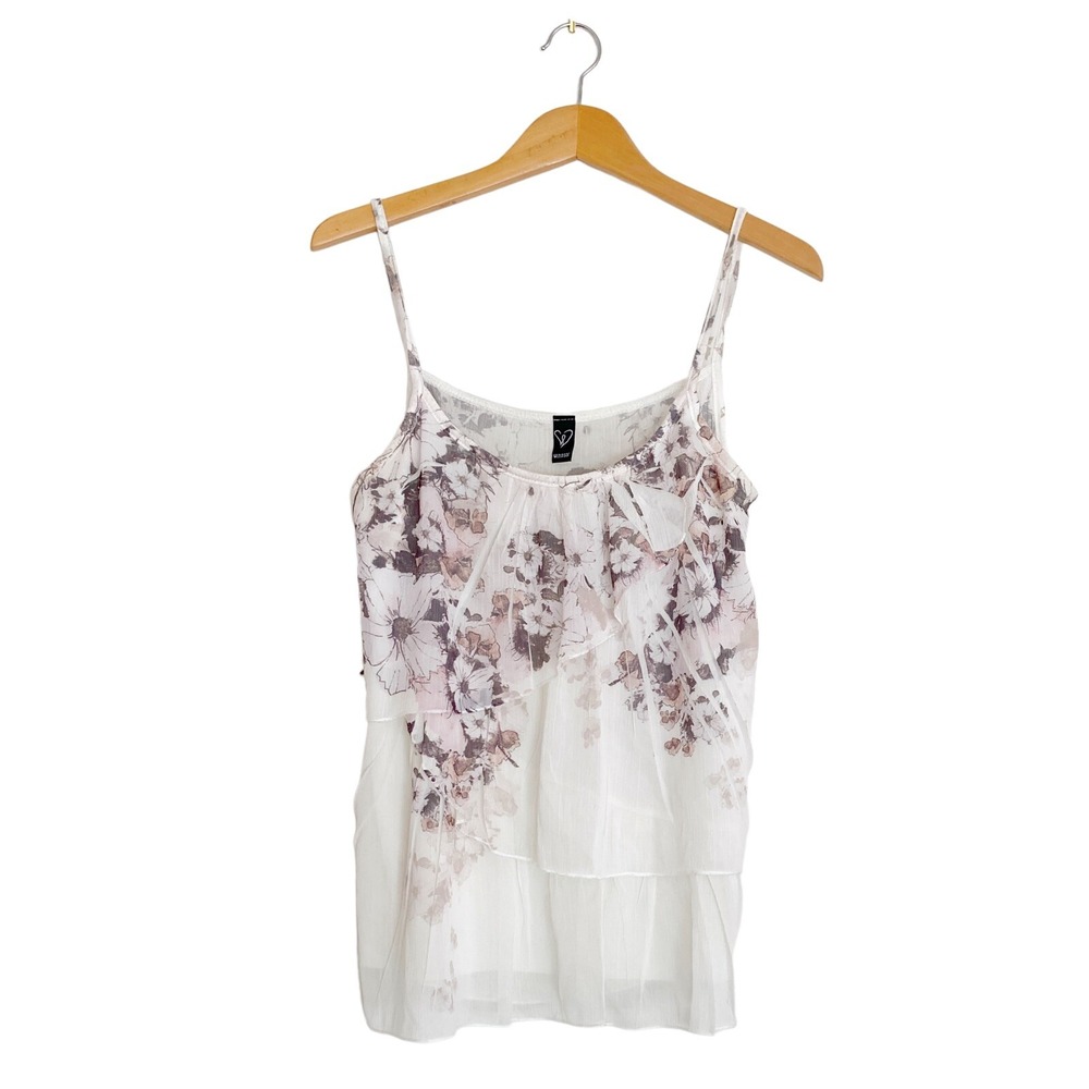 Windsor Small Tiered‎ Ruffle Layered Cami Tank Top Sheer Floral Spaghetti Strap